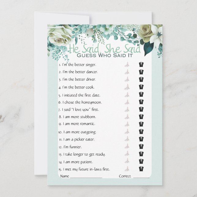 He Said She Said Bridal Shower Game Invitation (Front)