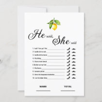 He said She said Bridal Shower Game Lemon Card