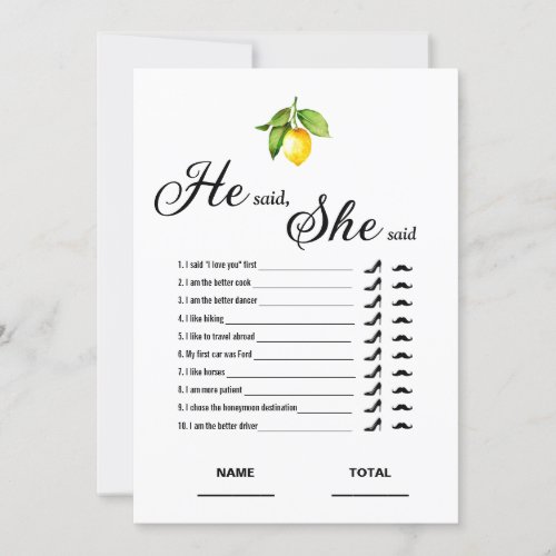 He said She said Bridal Shower Game Lemon Card