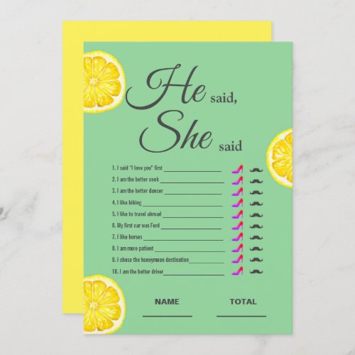 He said She said Bridal Shower Game Lemon Invitation