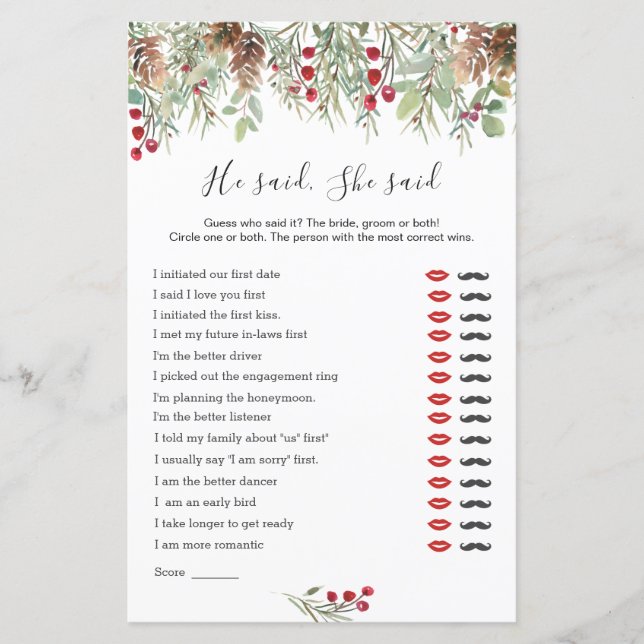 He Said She Said Bridal Shower Game, Winter Pine (Front)