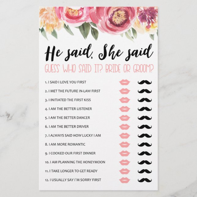 He said, She said Bridal Shower or Hen Party game (Front)