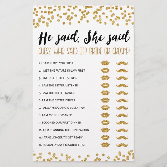 He said, She said Bridal Shower or Hen Party game (Front)