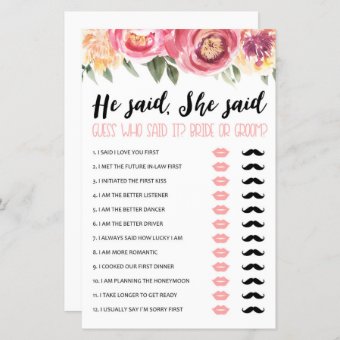 He said, She said Bridal Shower or Hen Party game | Zazzle