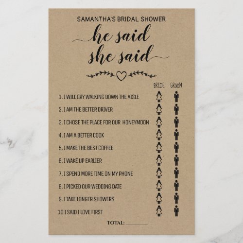 He Said She Said Bridal Shower Rustic Game Card Flyer