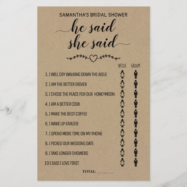 He Said She Said Bridal Shower Rustic Game Card Flyer (Front)