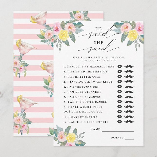 He Said, She Said Bright Cocktail Bridal Game Enclosure Card (Front/Back)