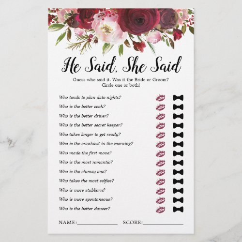 He Said She Said Burgundy Bridal Shower Game