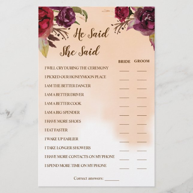 He Said She Said Burgundy Couple Shower Game Card Flyer (Front)