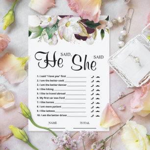 He said She said Burgundy Floral Bridal Game