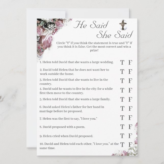 He Said, She Said Catholic Bridal Shower Game (Front)