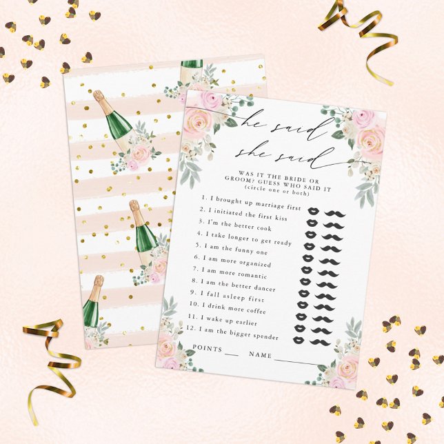 He Said, She Said Champagne Floral Party Game Enclosure Card (Creator Uploaded)