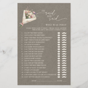 He Said She Said Chic Floral Bridal Shower Game