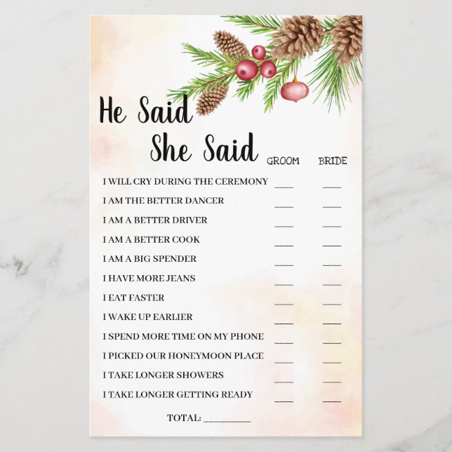 He Said She Said Christmas Bridal Shower Game Card Flyer (Front)