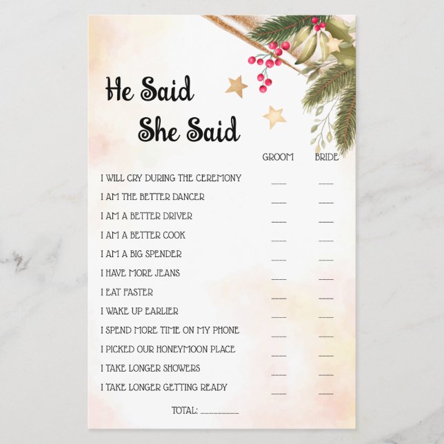 He Said She Said Christmas Bridal Shower Game Card Flyer (Front)