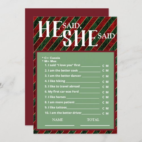 He said She said Christmas Bridal Shower Game Invitation