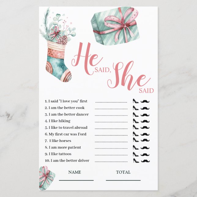 He said She said Christmas Stocking Bridal Game (Front)