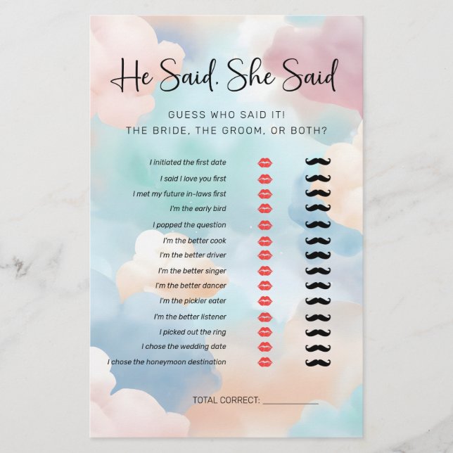  He Said, She Said Cloud Nine Bridal Shower Game (Front)