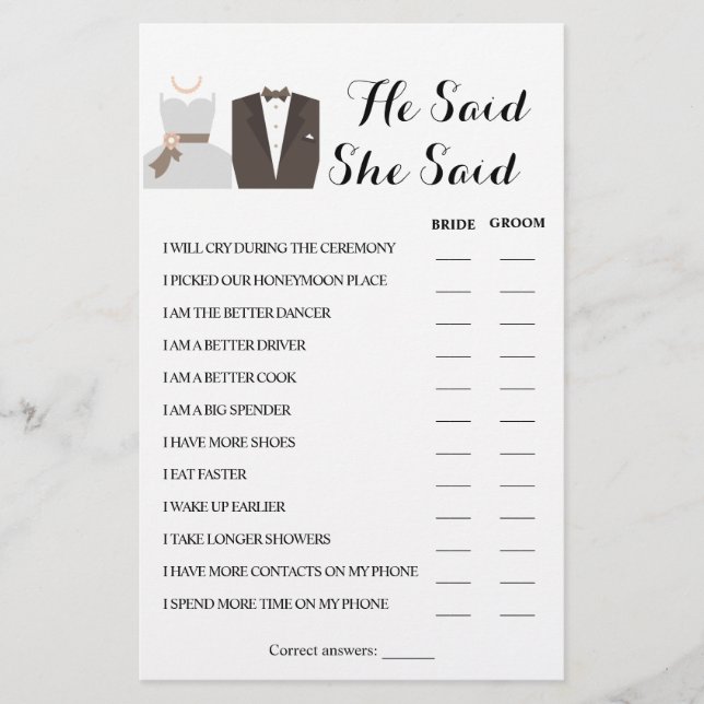 He Said She Said Couple Shower Game Card Flyer (Front)