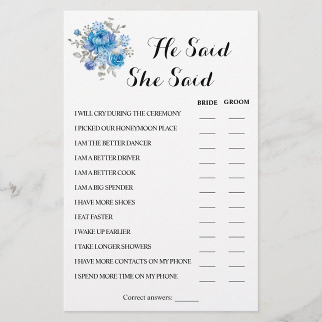 He Said She Said Couple Shower Game Card Flyer (Front)