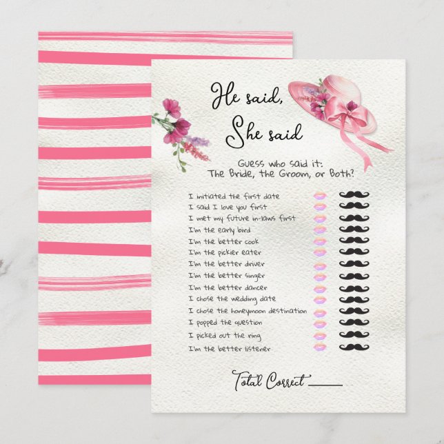 He said, She said Derby Pink Hat Bridal game In Invitation (Front/Back)