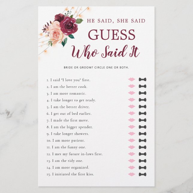 He Said She Said Dusty Rose Burgundy Bridal Shower (Front)