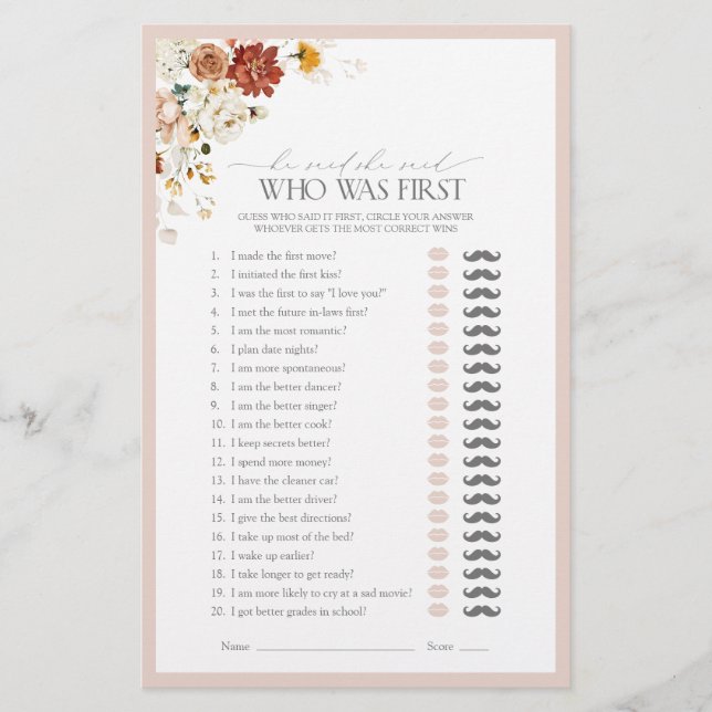 He Said She Said Elegant Floral Bridal Shower Game (Front)