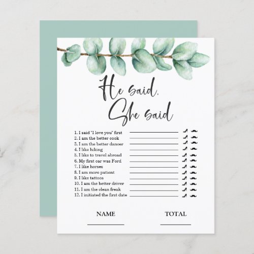 He said She said Eucalyptus Bridal Game Invitation