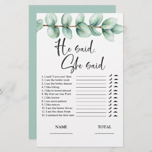 He said She said Eucalyptus Bridal Game Invitation