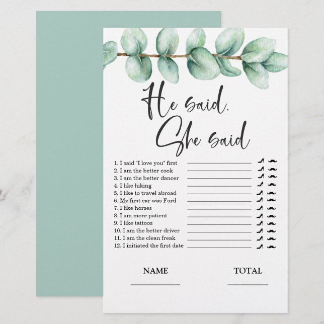 He said She said Eucalyptus Bridal Game Invitation (Front/Back)