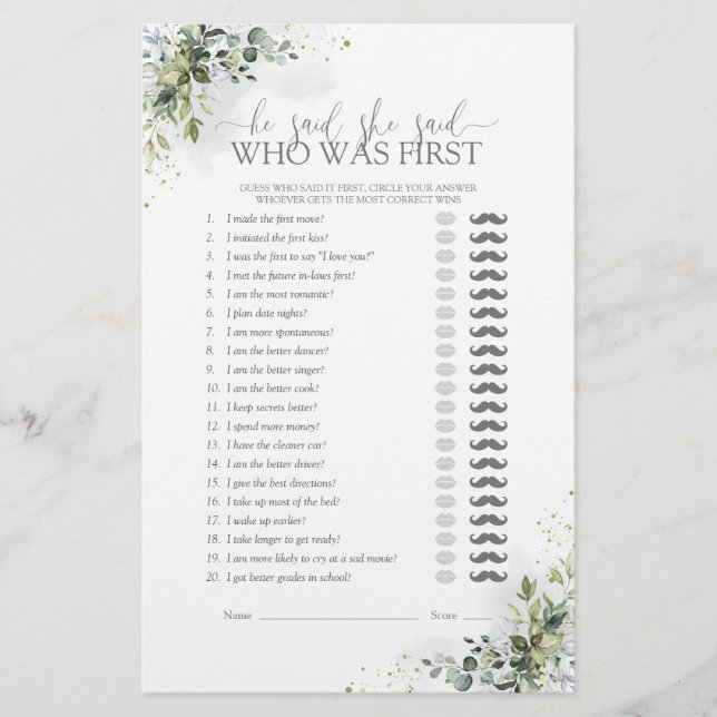 He Said She Said Eucalyptus Bridal Shower Game (Front)