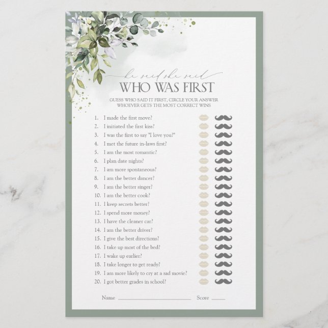 He Said She Said Eucalyptus Bridal Shower Game (Front)