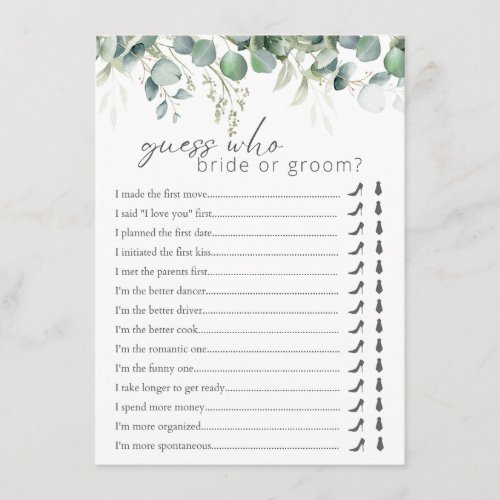 He Said She Said Eucalyptus Bridal Shower Game Enclosure Card