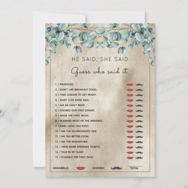  He Said She Said Eucalyptus Bridal Shower Game Invitation (Front)