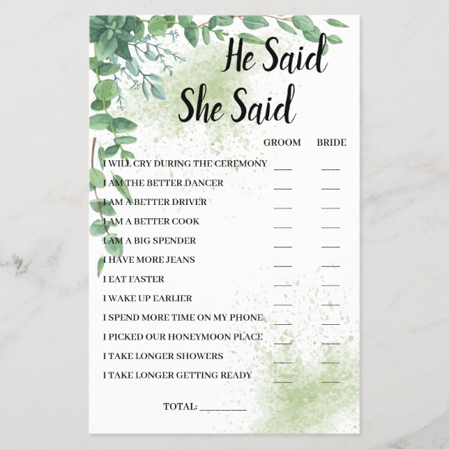 He Said She Said Eucalyptus BridalShower Game Card Flyer (Front)
