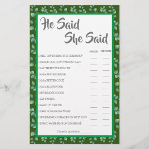 He Said She Said Eucalyptus Shower Game Card Flyer