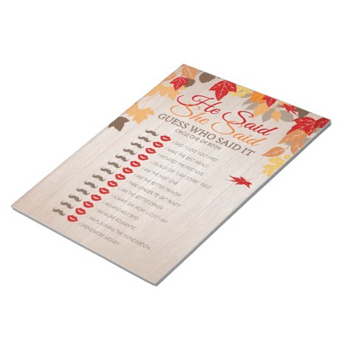 He Said She Said Fall Bridal Shower Game Pack Notepad