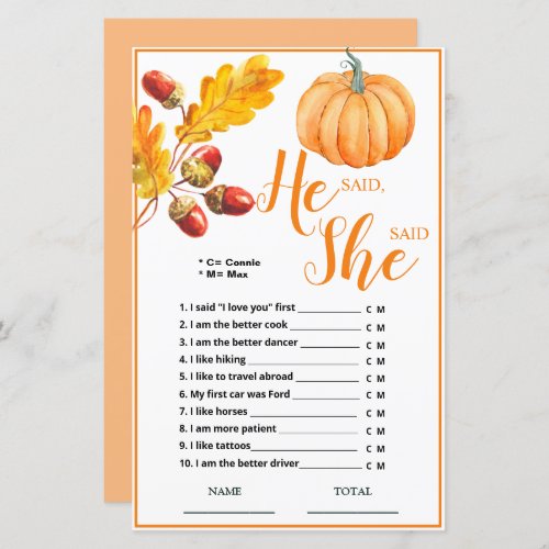 He said She said Fall Pumpkin Bridal Game