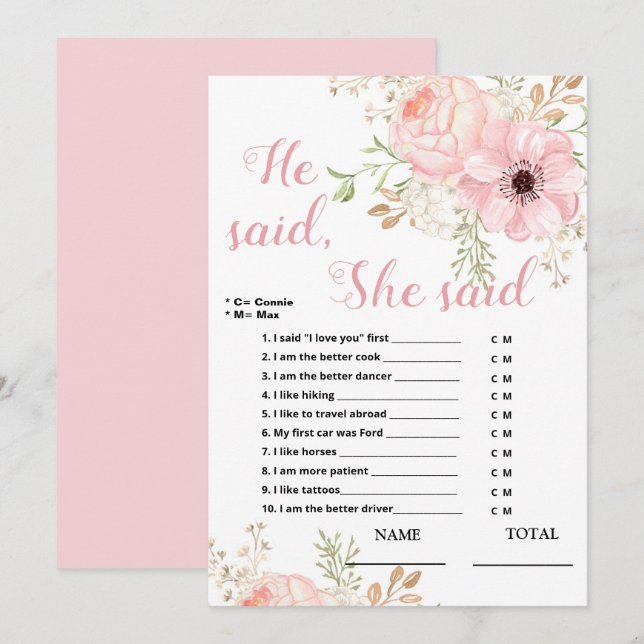 He said She said Floral Bridal Game  Invitation (Front/Back)