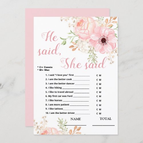 He said She said Floral Bridal Game  Invitation