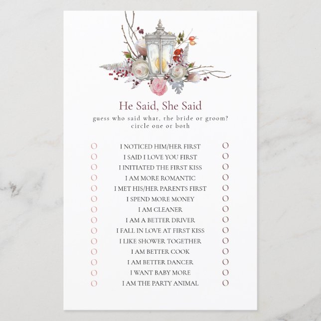 He Said, She Said Floral Roses Shower Game (Front)