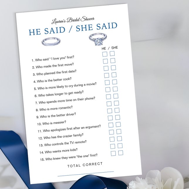 He Said She Said Game Card – Blue Bridal Shower (Bridal Shower Game Sheet)