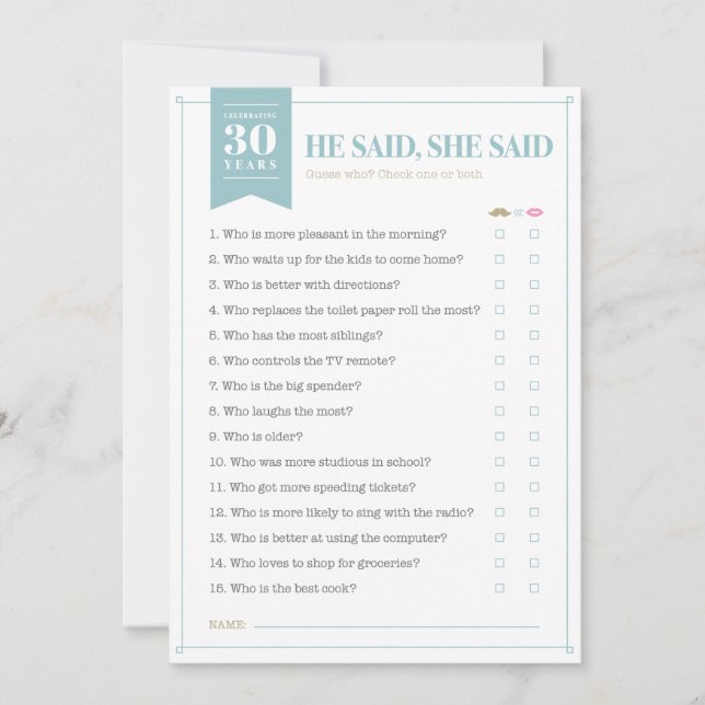He Said, She Said Game (Customizable) Invitation (Front)