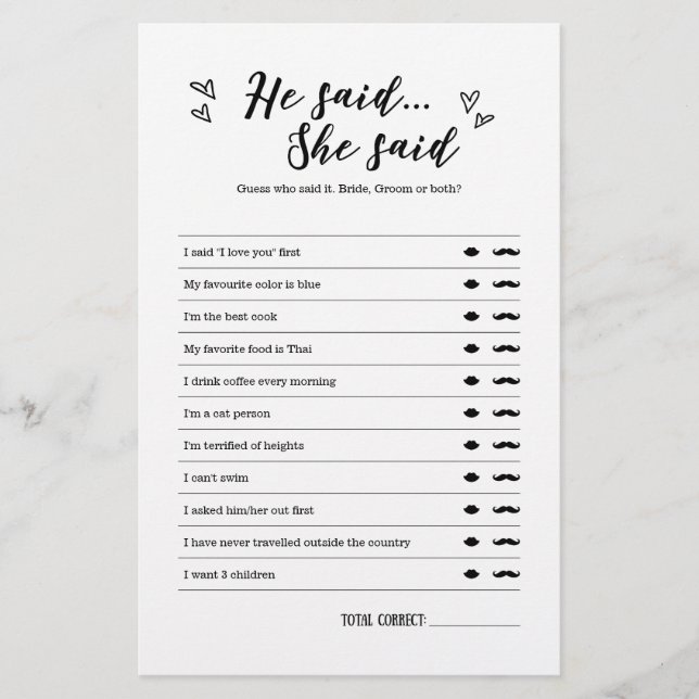 He Said She Said Game for Wedding or Bridal Shower (Front)