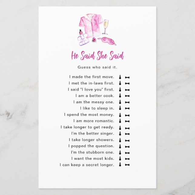 He Said She Said game Pajamas & Prosecco Bridal (Front)