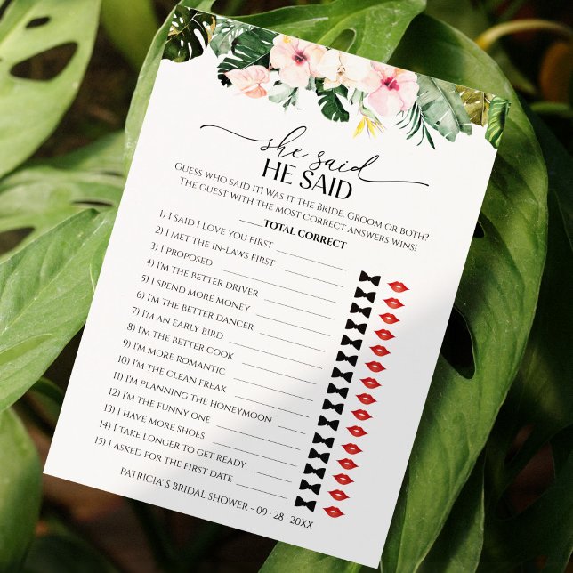He Said She Said Game Tropical Bridal Shower card (Creator Uploaded)