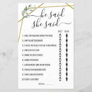 He said She said Gold Greenery Shower game card Flyer