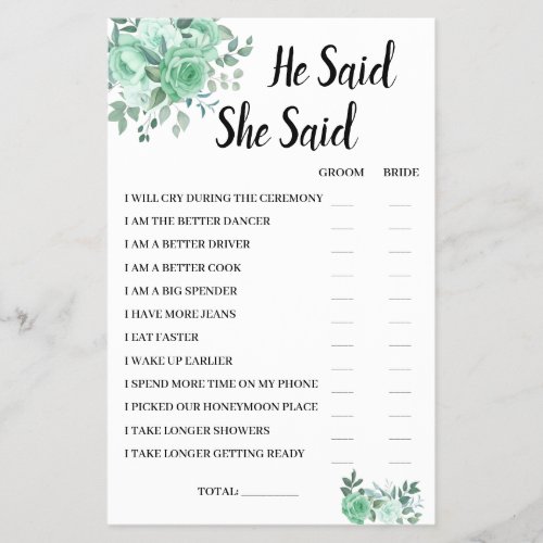 He Said She Said GreenRose Bridal Shower Game Card Flyer