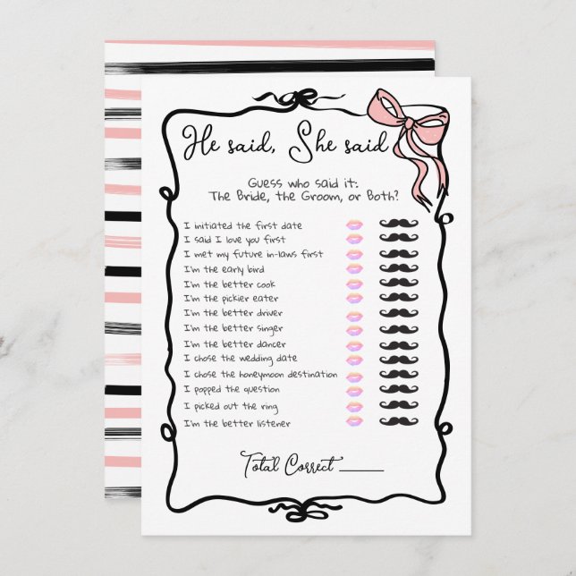 He said She said Hand Drawn Bow Bridal Shower game Invitation (Front/Back)