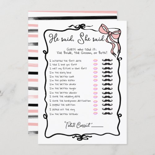 He said She said Hand Drawn Bow Bridal Shower game Invitation